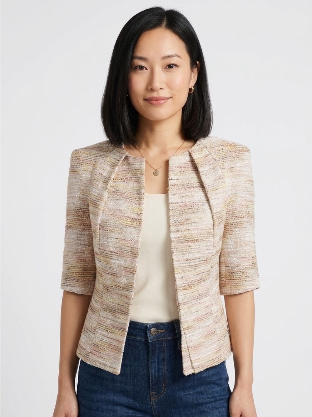 JASON WU Women's Short Sleeve Pleat Tweed Blazer - Multicoloured, Sz 4